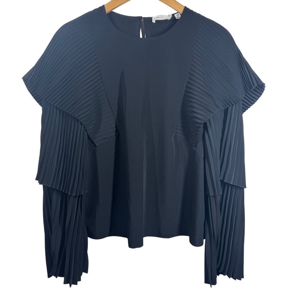 A.L.C. Perabo Pleated Top Women 4 Tiered Bell Sleeve Black Knife Pleats Modest